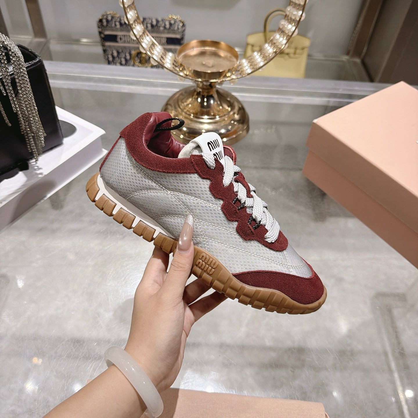 Miu 26s Tyre Sneakers Grey Burgundy Suede Technical Fabric 951529