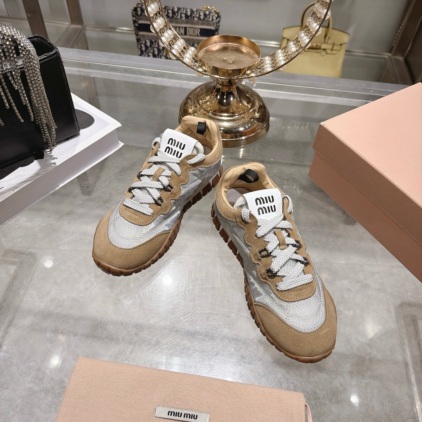 Miu 26s Tyre Sneakers Grey Brown Suede Technical Fabric 951530