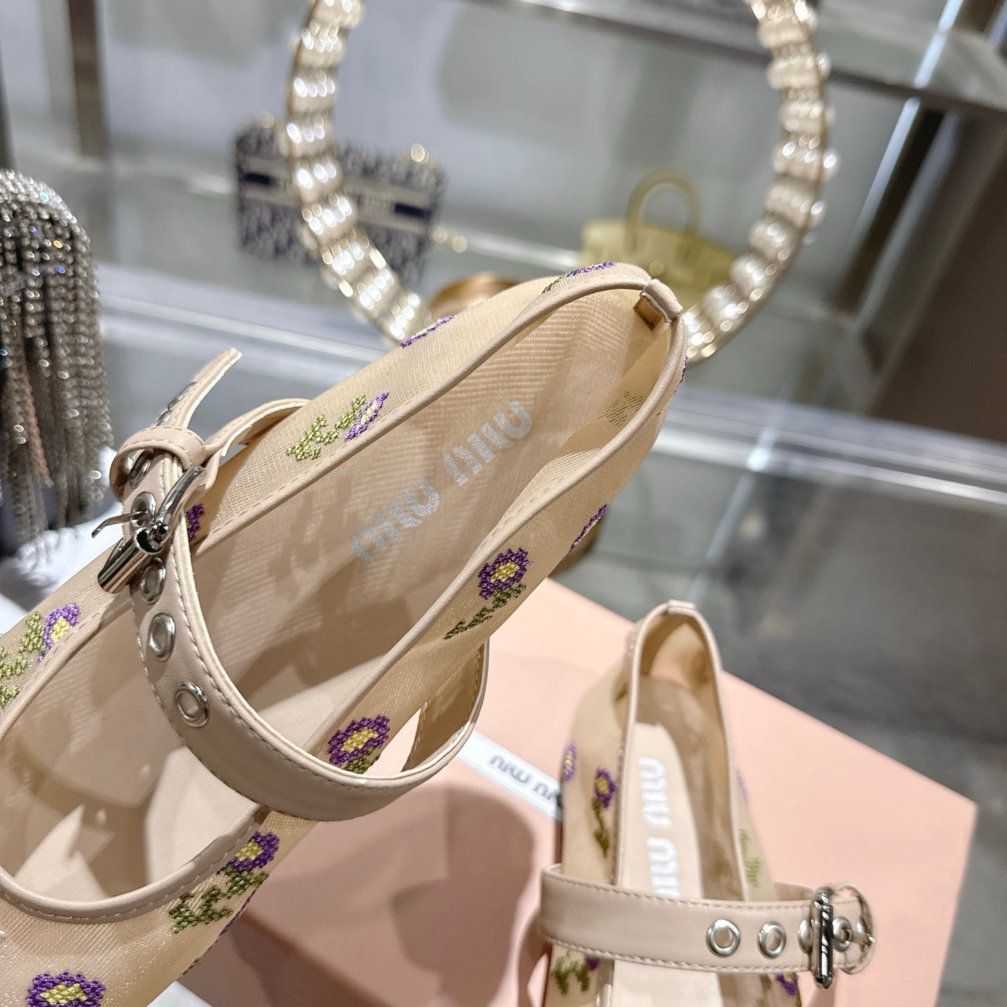 Miu 26s Embroidered Ballerinas Beige Mesh 951509