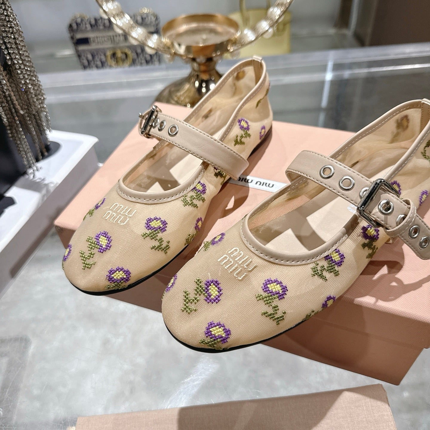 Miu 26s Embroidered Ballerinas Beige Mesh 951509