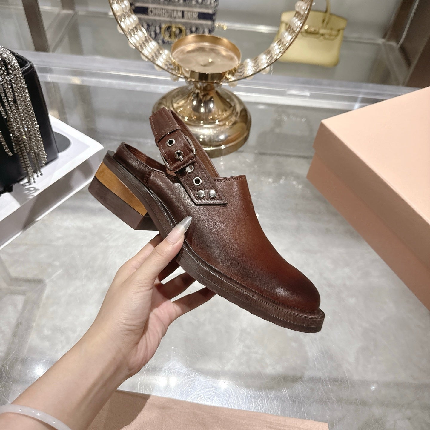 Miu 26s Clogs Ankle-strap Brown Leather 951505