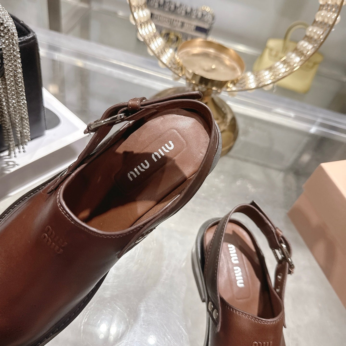 Miu 26s Clogs Ankle-strap Brown Leather 951505