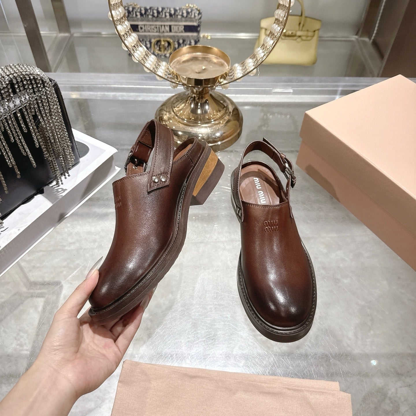 Miu 26s Clogs Ankle-strap Brown Leather 951505