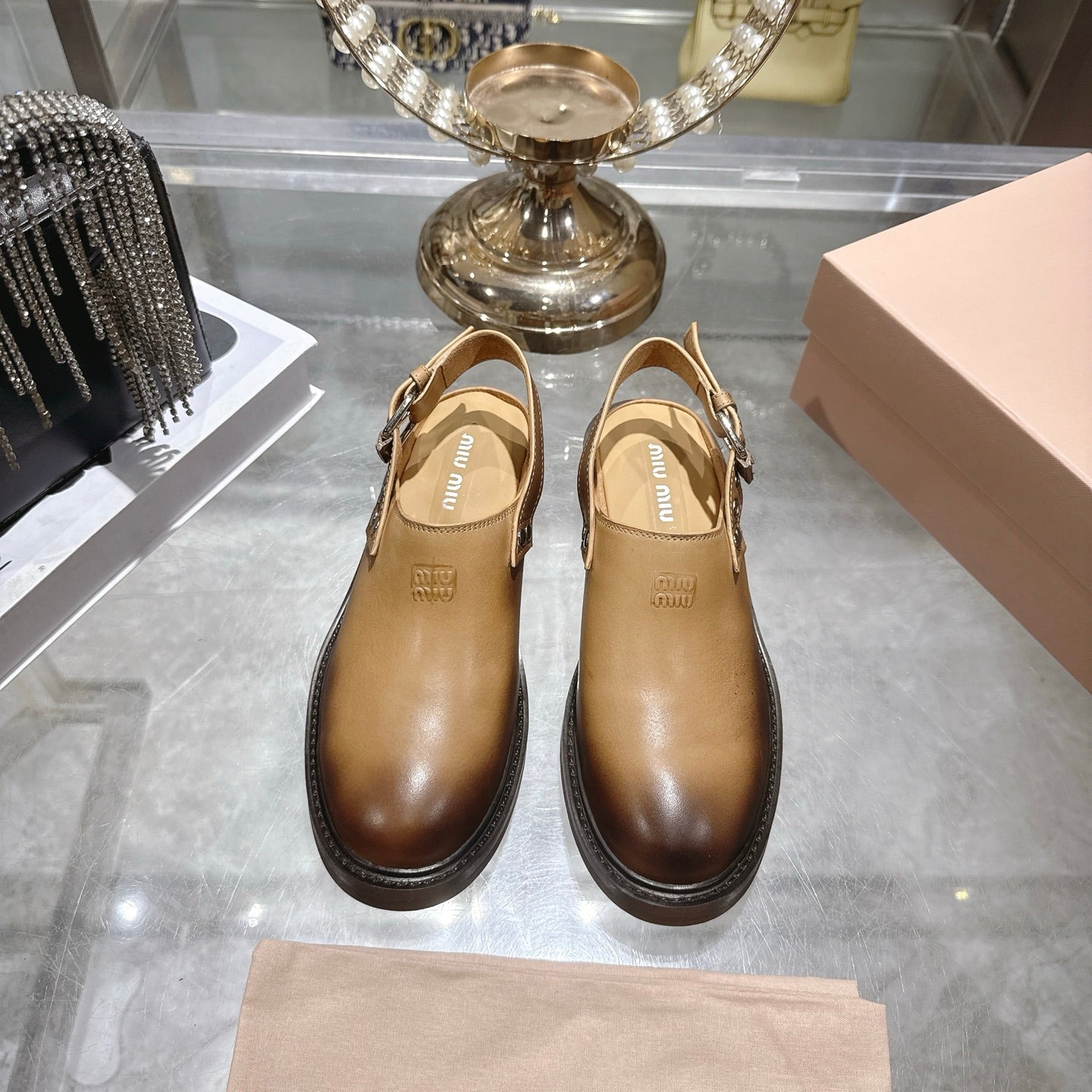 Miu 26s Clogs Ankle-strap Beige Leather 951507