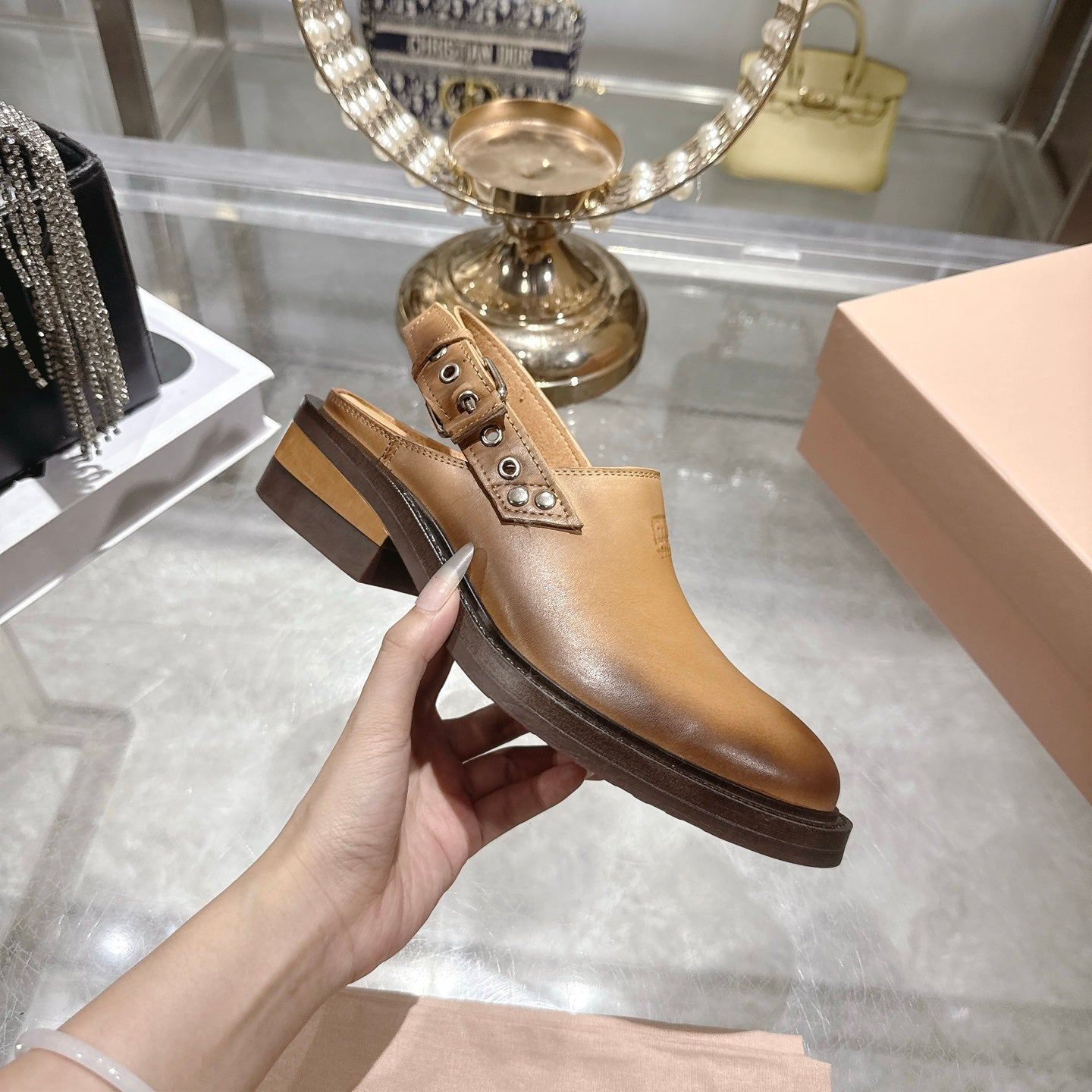 Miu 26s Clogs Ankle-strap Beige Leather 951507