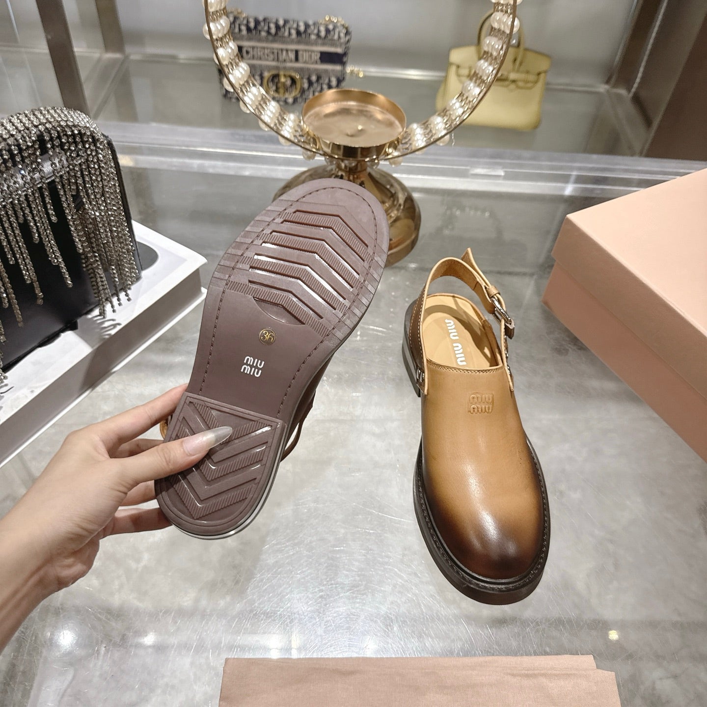 Miu 26s Clogs Ankle-strap Beige Leather 951507