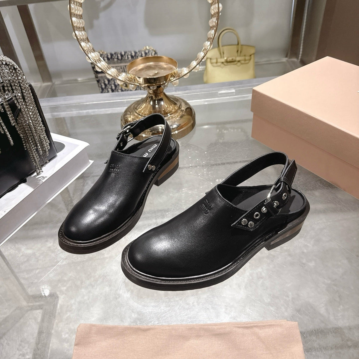 Miu 26s Clogs Ankle-strap Black Leather 951507