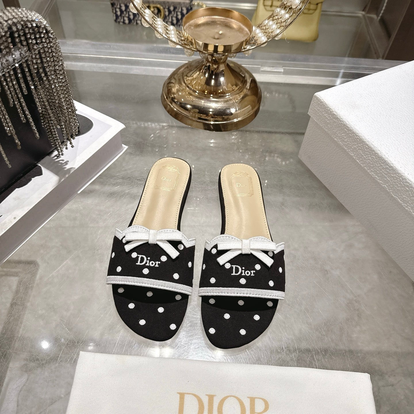 CD Dway Flat Sandal PolkaDior Black Motif Cotton Leather 951360