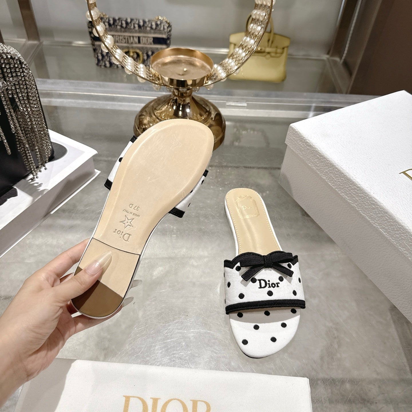 CD Dway Flat Sandal PolkaDior White Motif Cotton Leather 951362