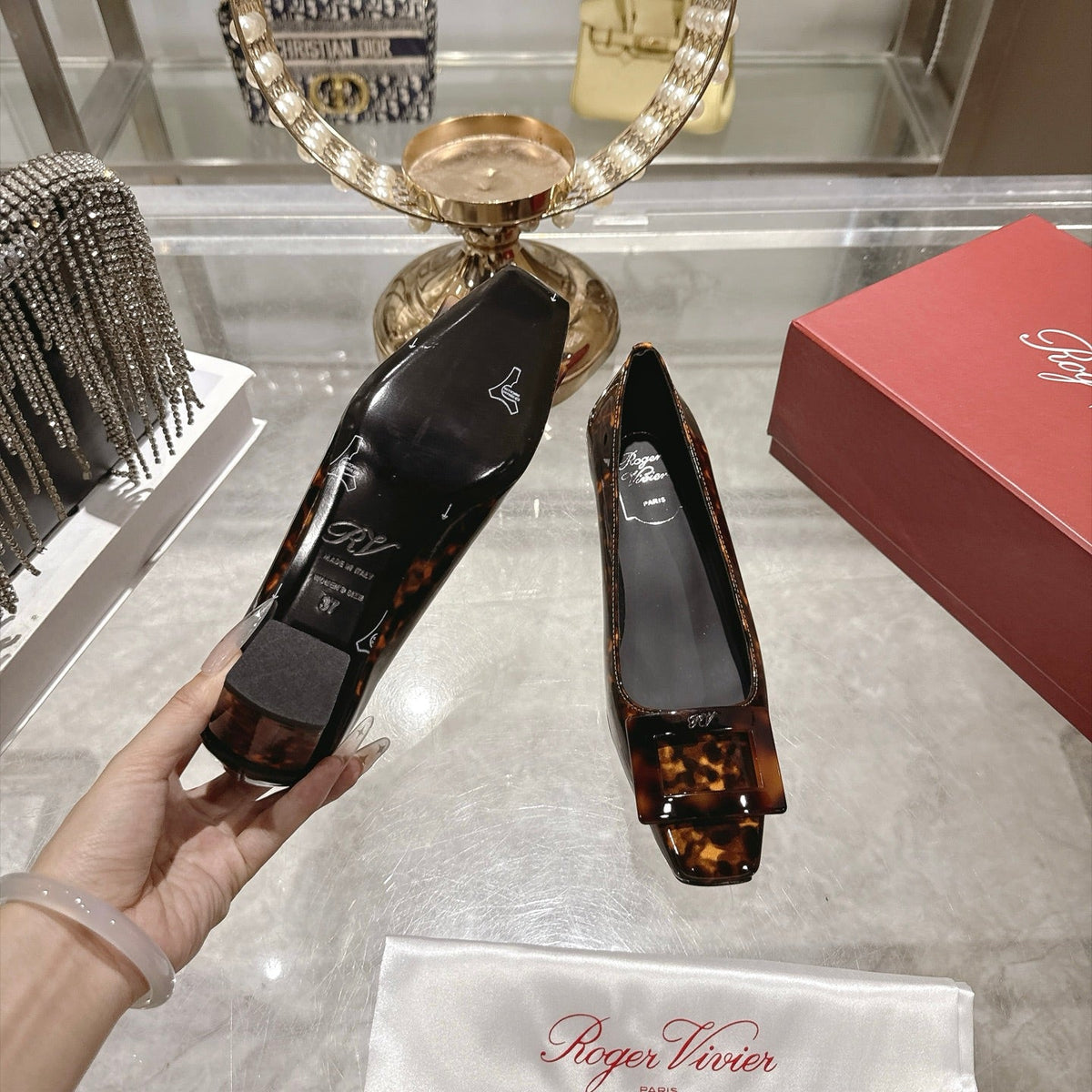 RV 26s Belle Vivier Pumps 4.5cm Tortoiseshell Patent 999730