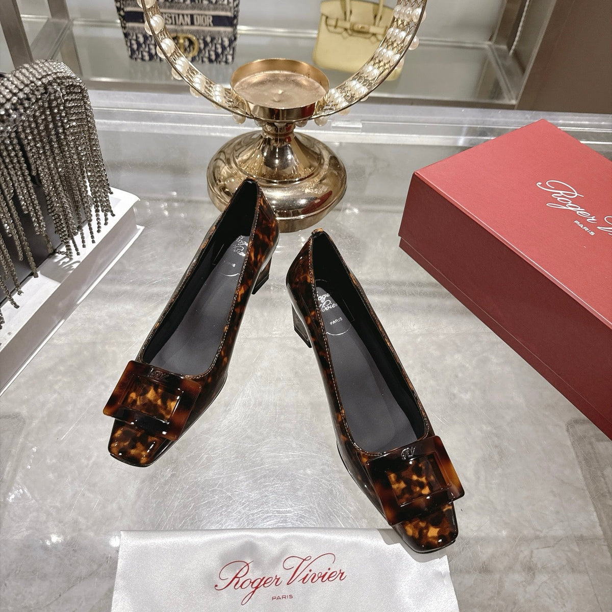 RV 26s Belle Vivier Pumps 4.5cm Tortoiseshell Patent 999730