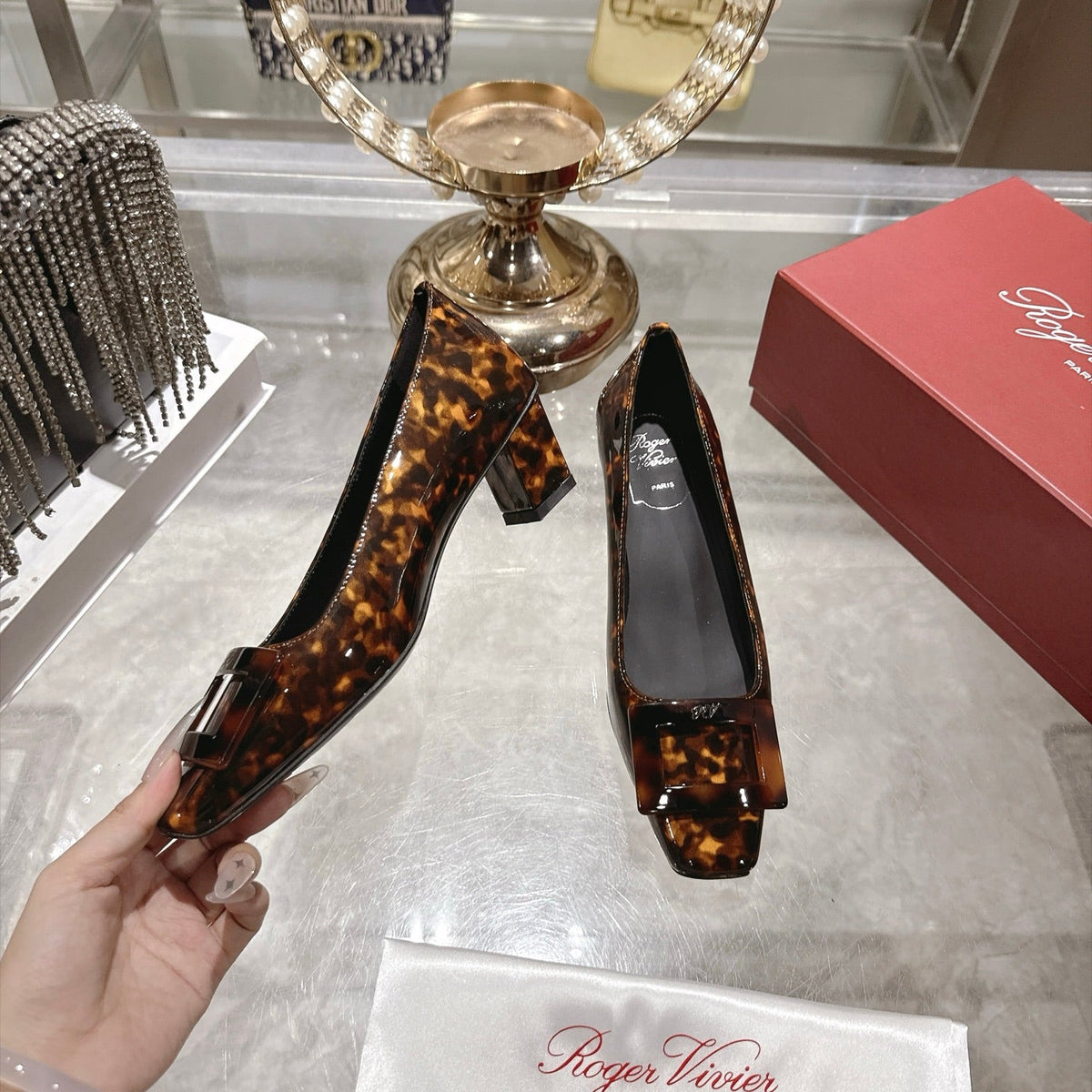RV 26s Belle Vivier Pumps 4.5cm Tortoiseshell Patent 999730