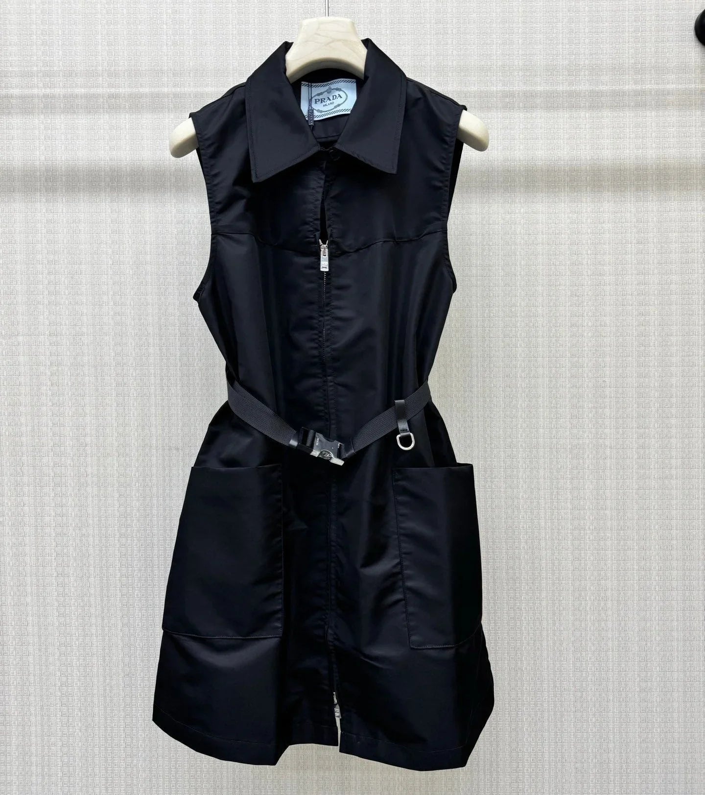Prada 2026 Belted Sleeveless Utility Dress Black Polyamide 399118