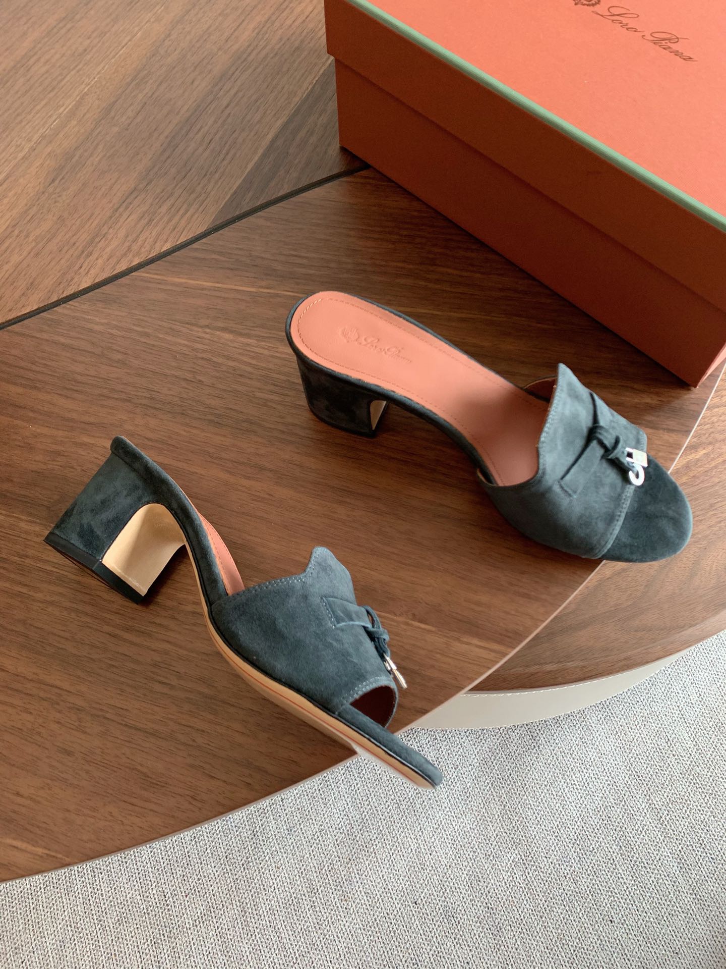 LP 26s Summer Mule Heels 60mm In Dark Grey Suede Gold Hardware