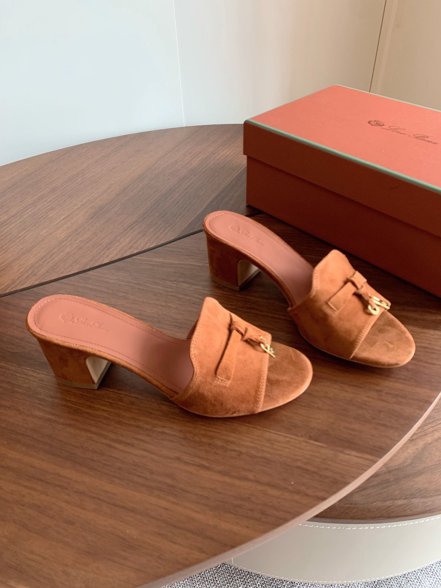 LP 26s Summer Mule Heels 60mm In Caramel Brown Suede Gold Hardware
