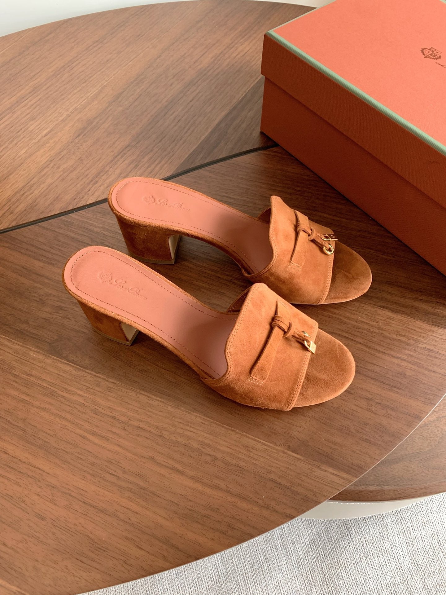LP 26s Summer Mule Heels 60mm In Caramel Brown Suede Gold Hardware