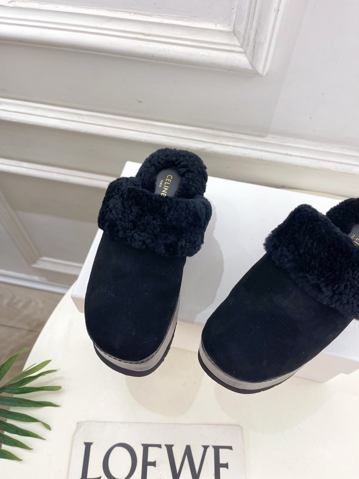 CL 25s Dana Wedge Mule 80mm Black Suede Calfskin & Shearling