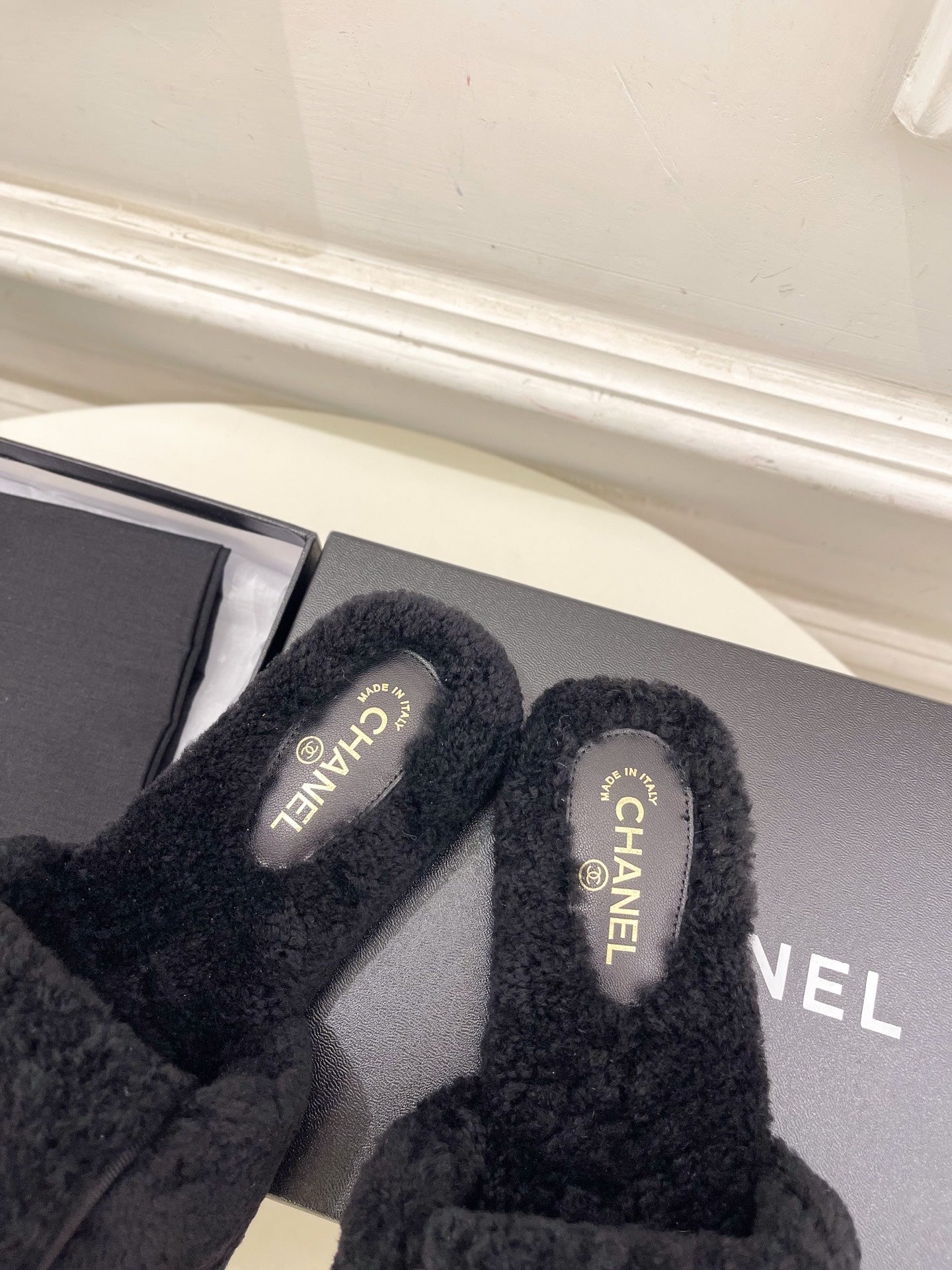 CC 25s Logo Slippers Black Wool GHW 435265