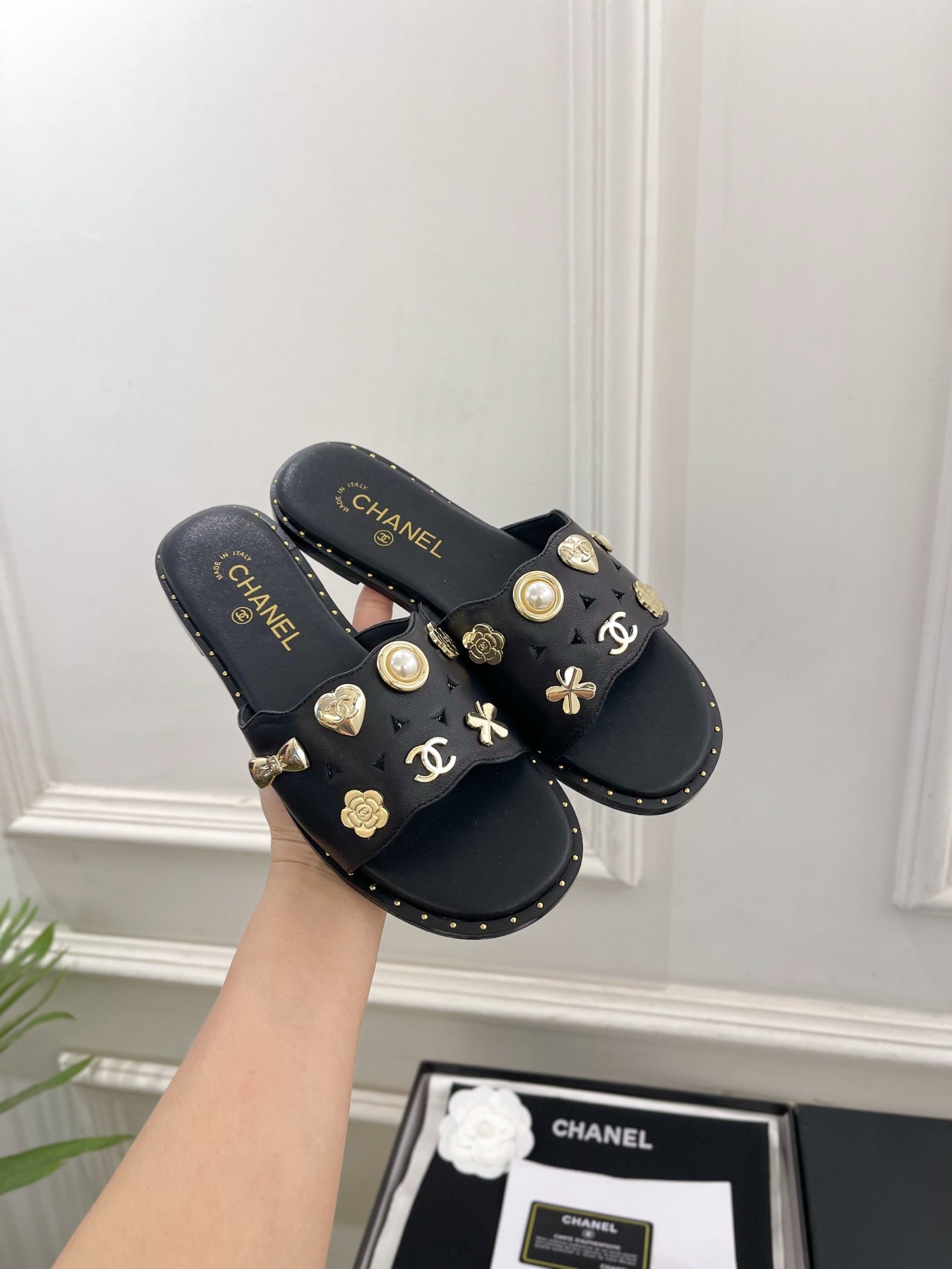 Chanel 26s Flat Sandals Black Lambskin Charm-Decorated