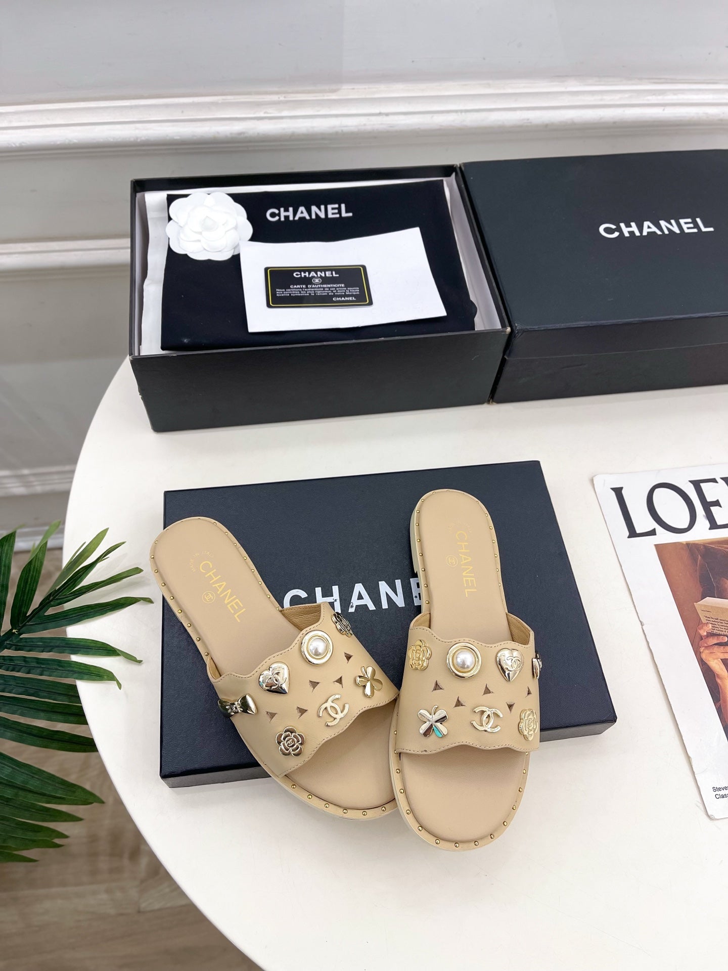 Chanel 26s Flat Sandals Beige Lambskin Charm-Decorated