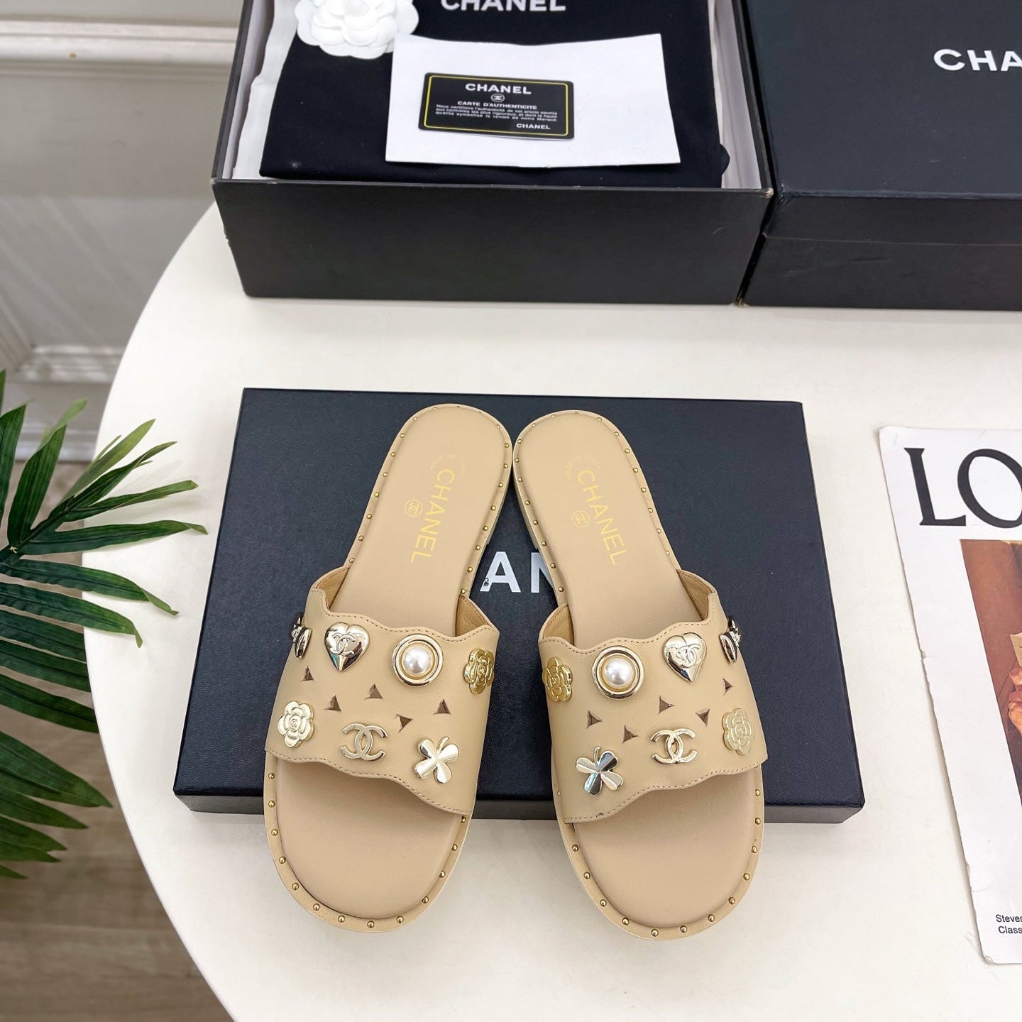 Chanel 26s Flat Sandals Beige Lambskin Charm-Decorated