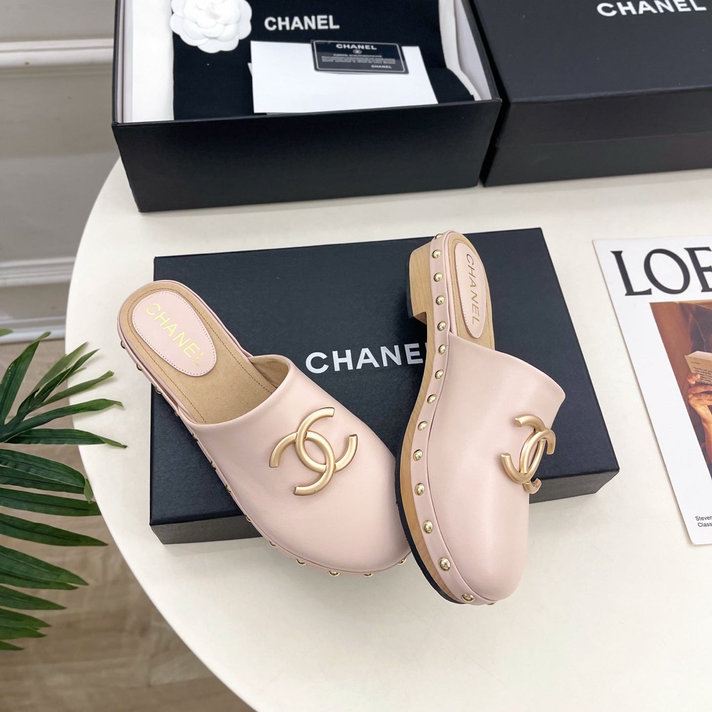 CC 26s Wood Platform Slip-on 3.5cm Light Pink Leather 891748