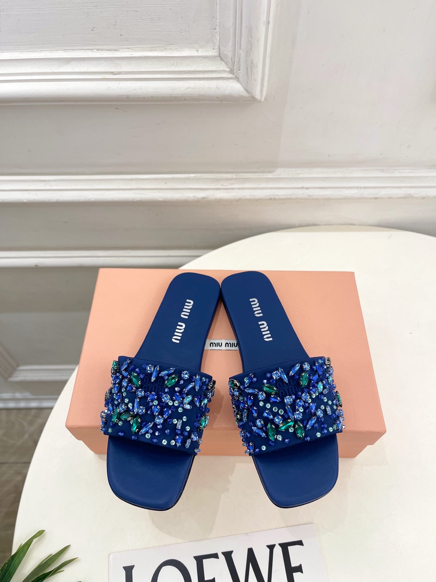 Miu 26s Rhinestone Flat Sandals Dark Blue Sheepskin Silk 891872