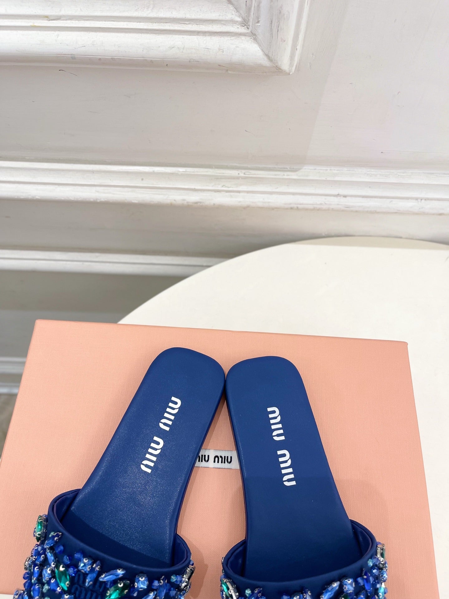 Miu 26s Rhinestone Flat Sandals Dark Blue Sheepskin Silk 891872