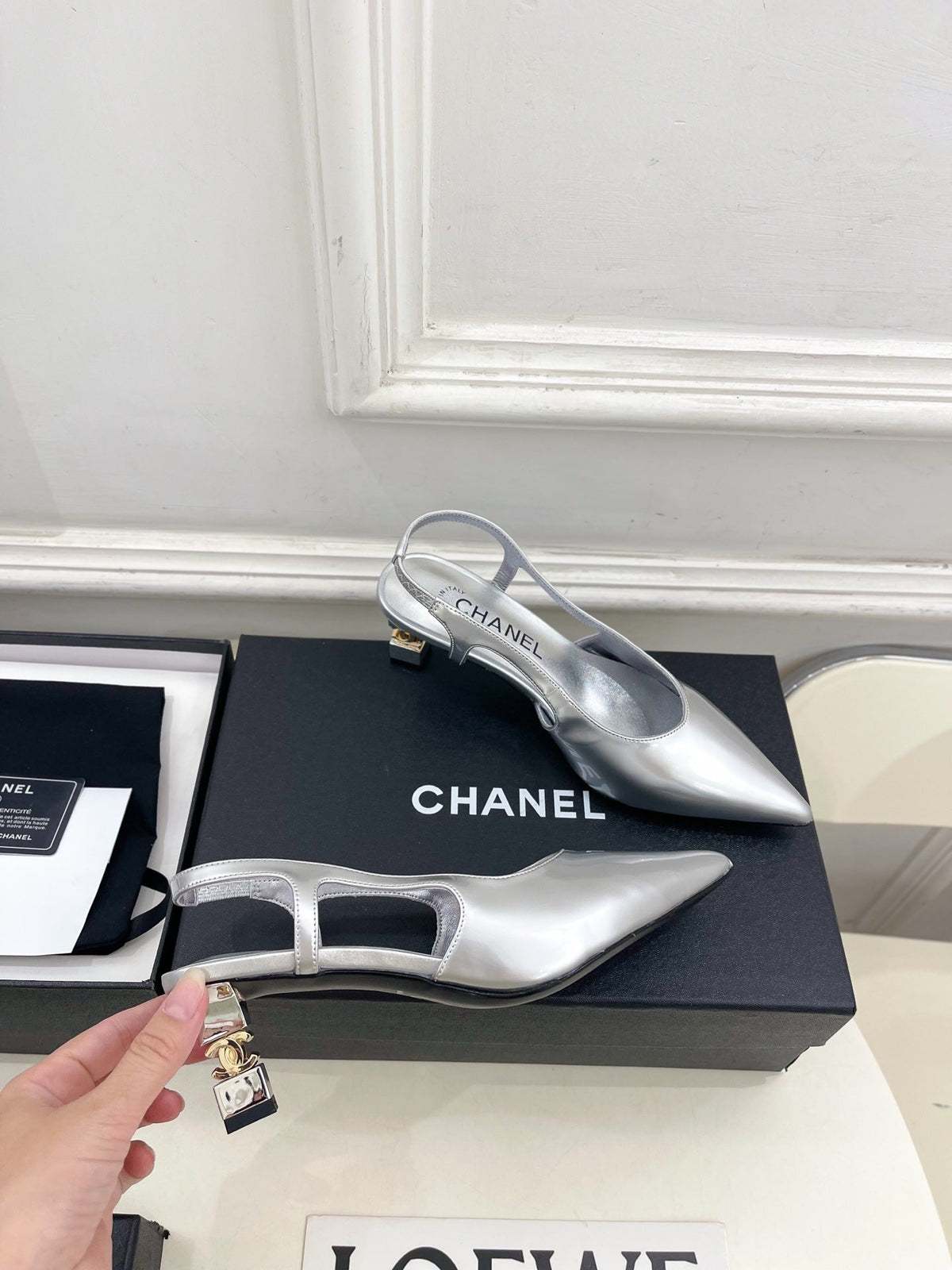 Chanel 26s Pointed Toe High Heels 55 Mm In Metallic Silver Lambskin