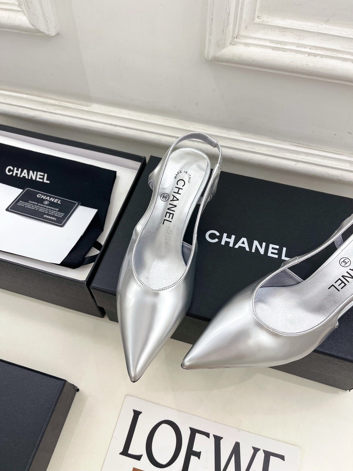 Chanel 26s Pointed Toe High Heels 55 Mm In Metallic Silver Lambskin