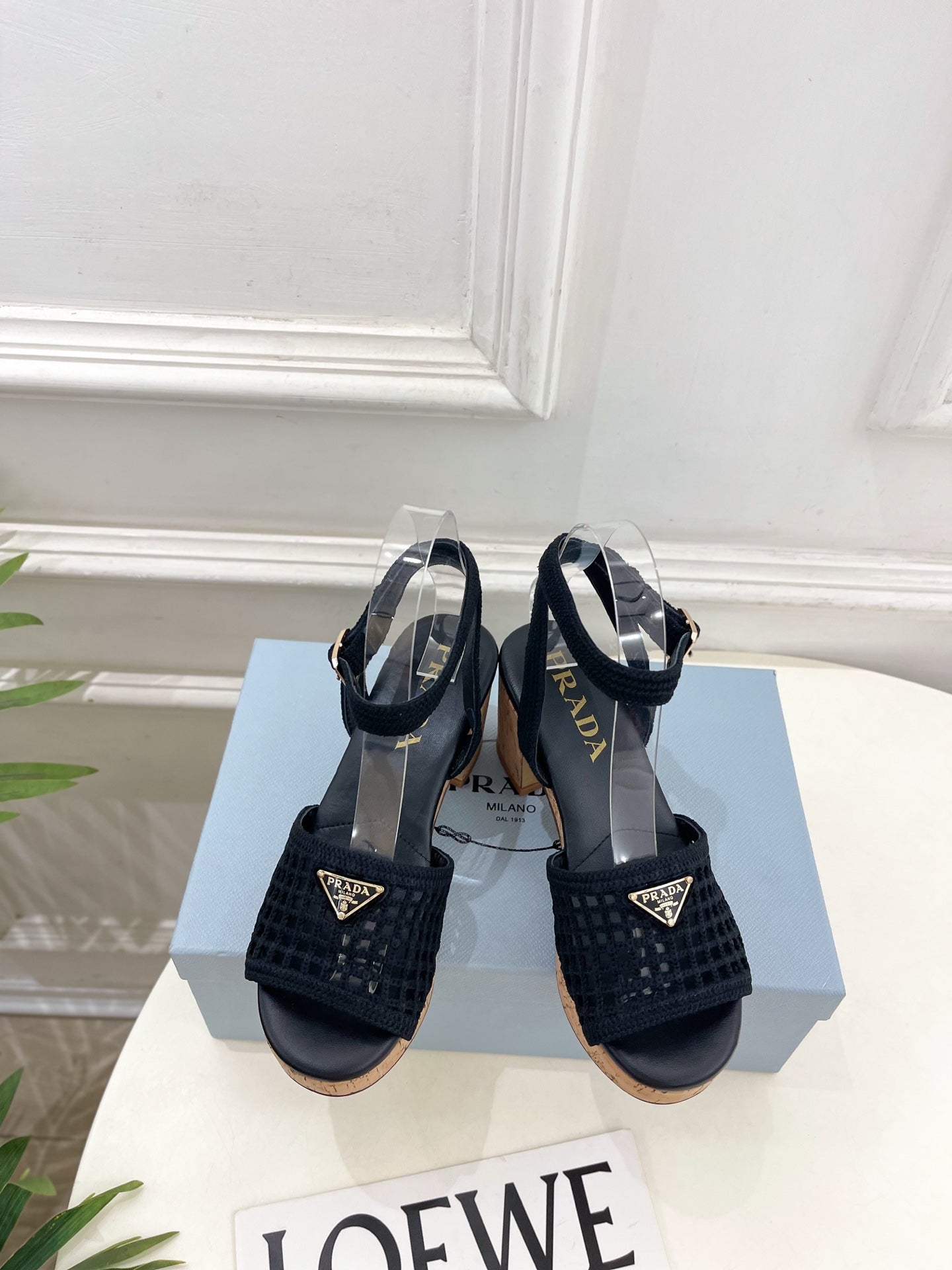 Prada Crochet Cork Platform Sandals 7cm Black Crochet 947375