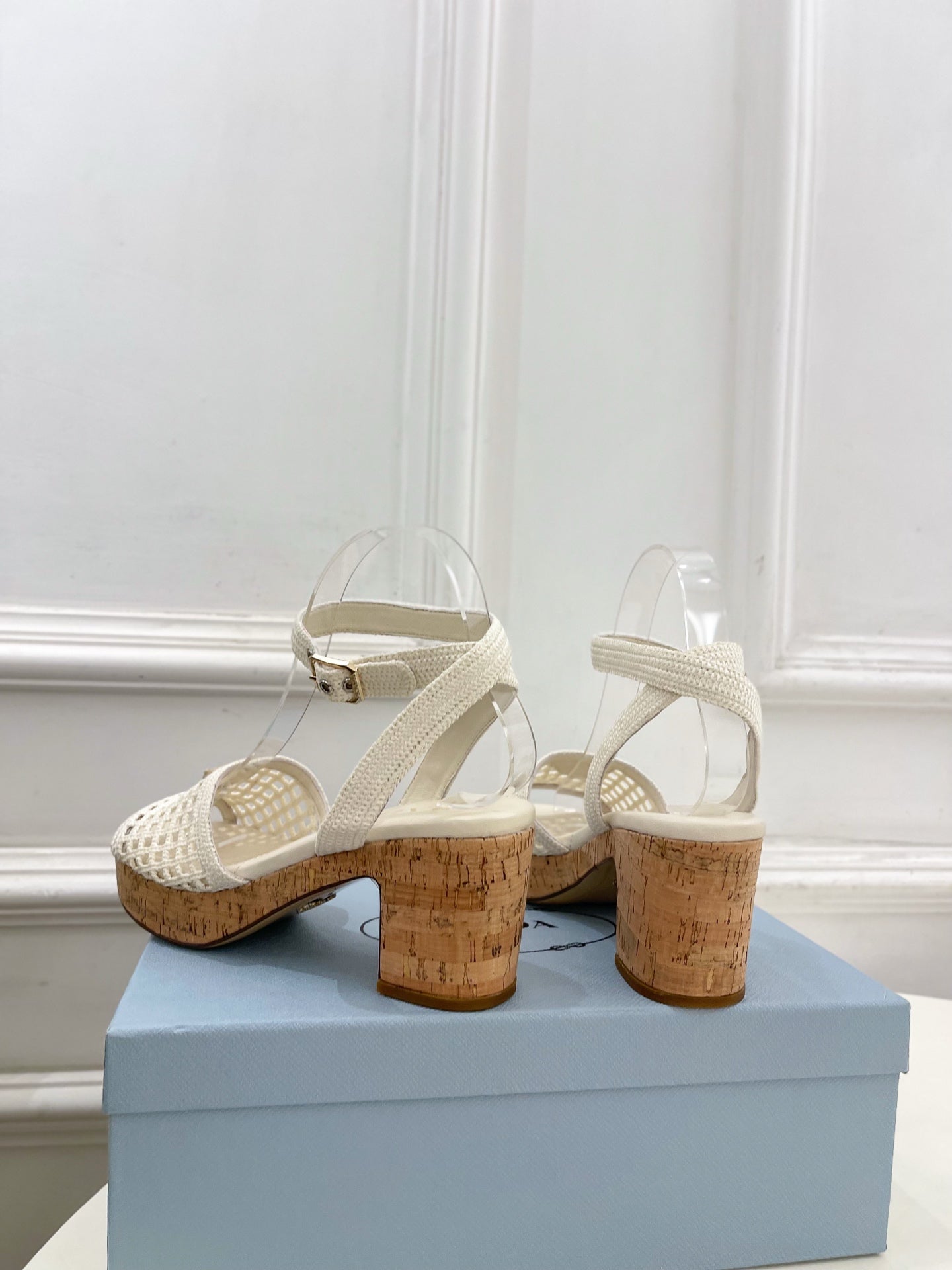 Prada Crochet Cork Platform Sandals 7cm White Crochet 947376