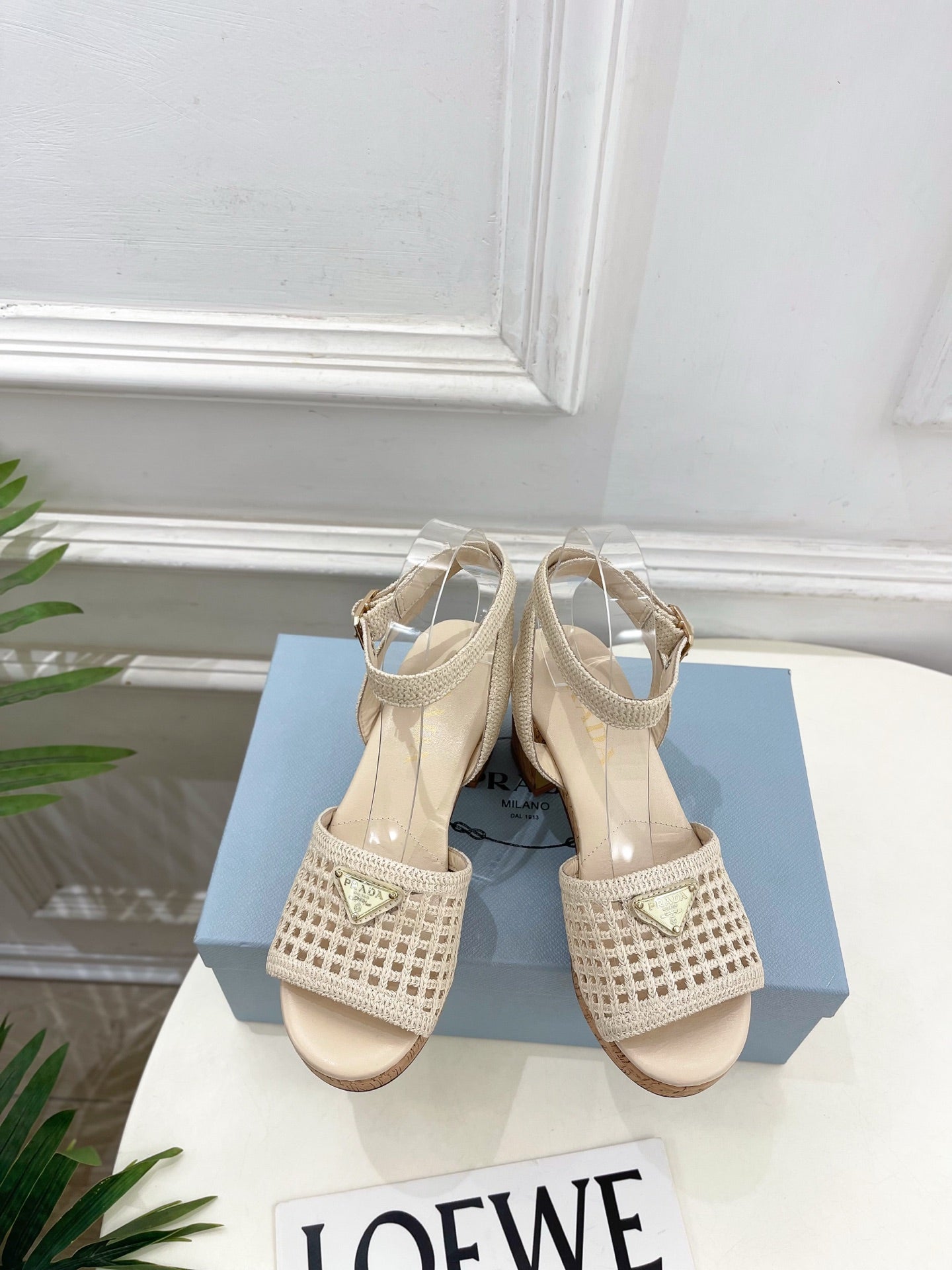 Prada Crochet Cork Platform Sandals 7cm Cream Crochet 947377