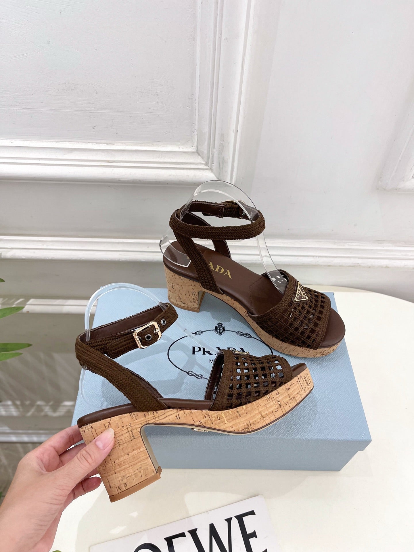 Prada Crochet Cork Platform Sandals 7cm Coffee Crochet 947378
