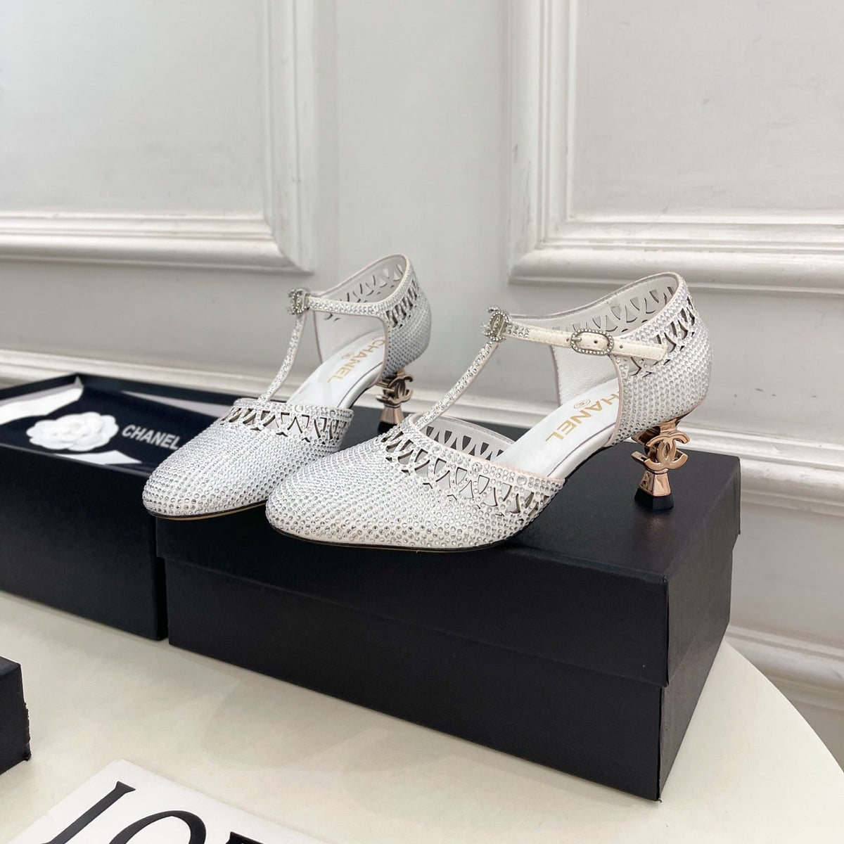 Chanel 26s High Heels 65 Mm In White With Crystal Embellishments