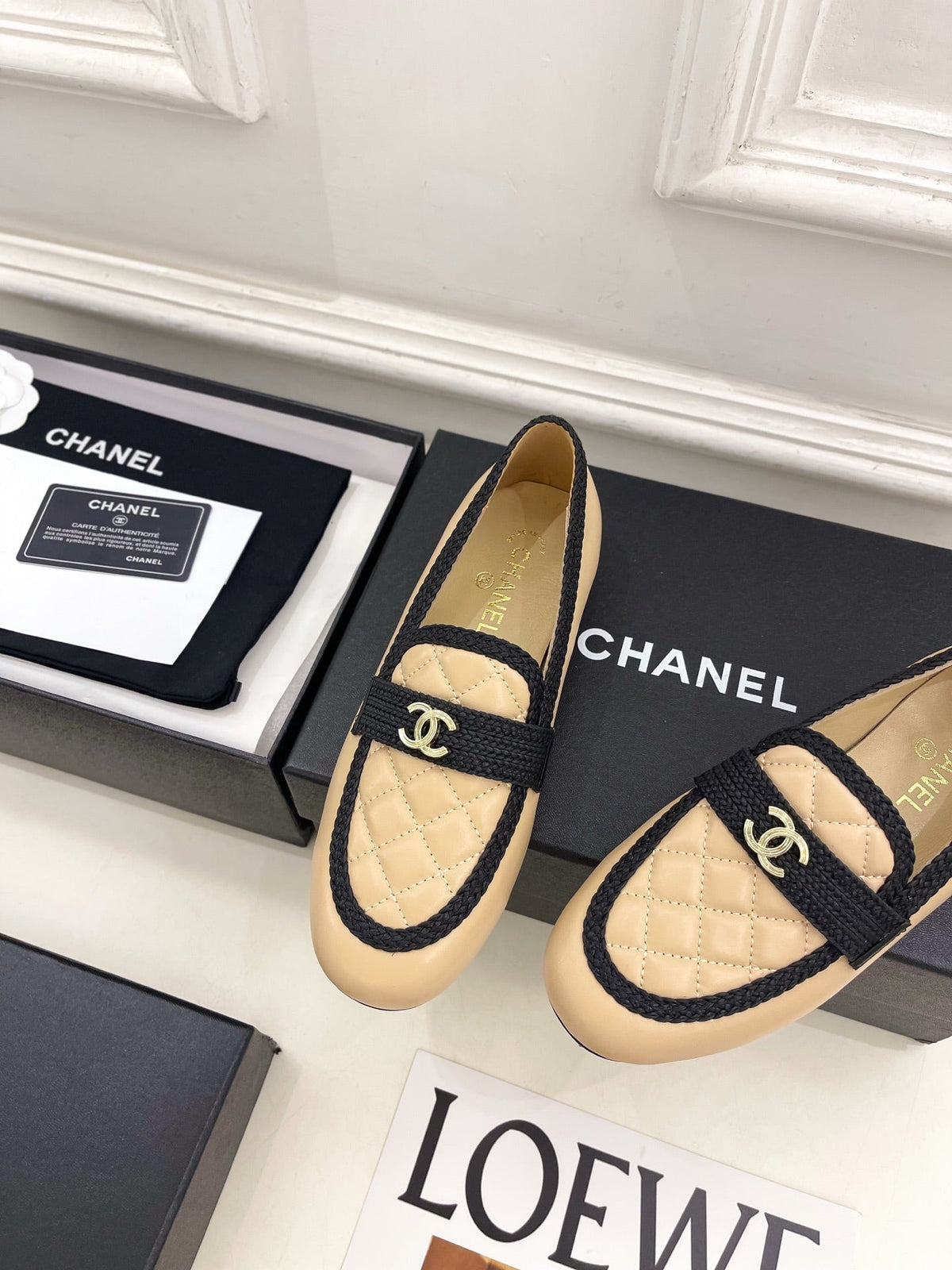 Chanel 26s Loafer Mules In Beige Lambskin And Black Fabric
