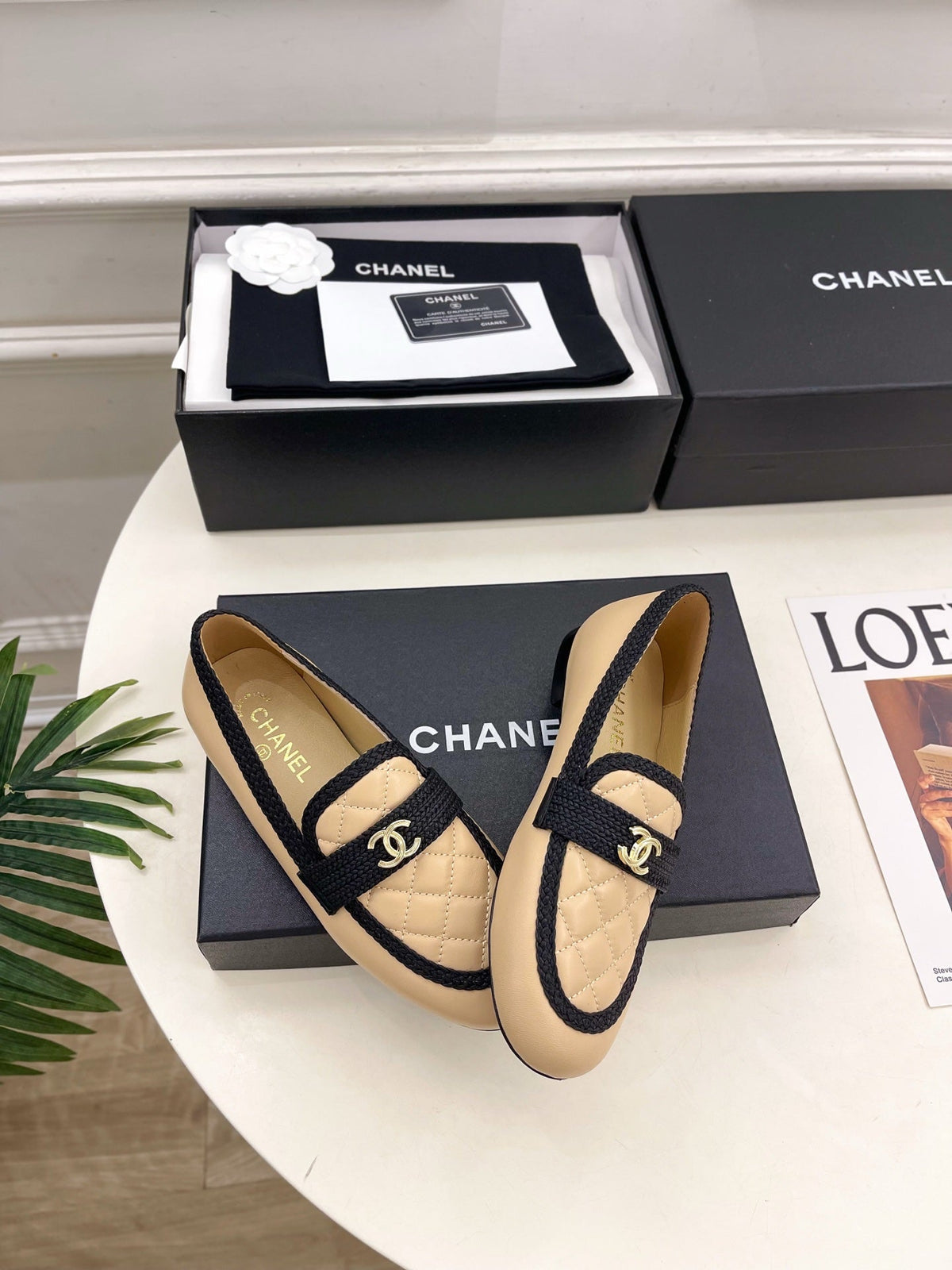 Chanel 26s Loafer Mules In Beige Lambskin And Black Fabric
