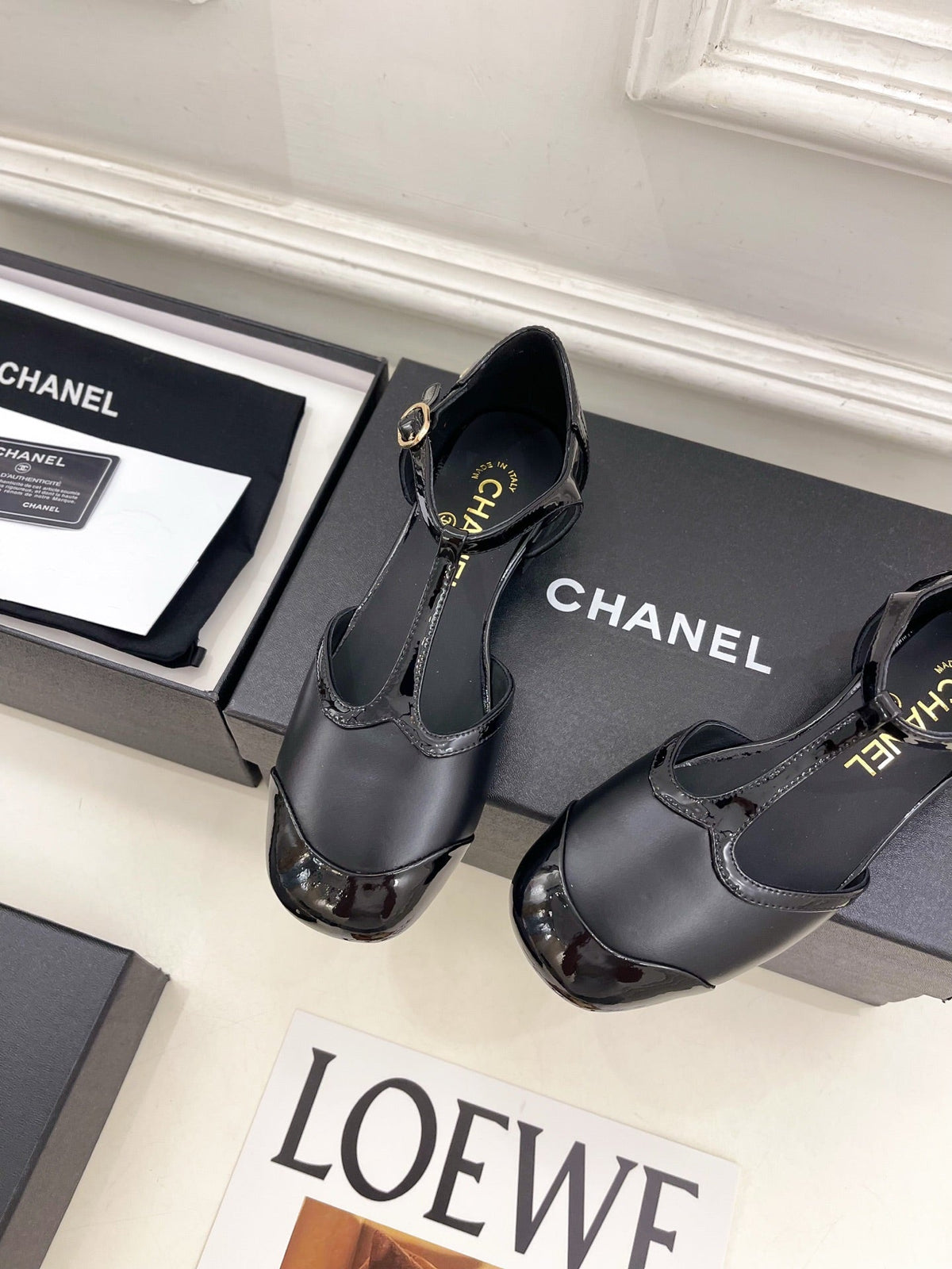 Chanel 26s T Strap Mary Janes In Black Patent And Lambskin