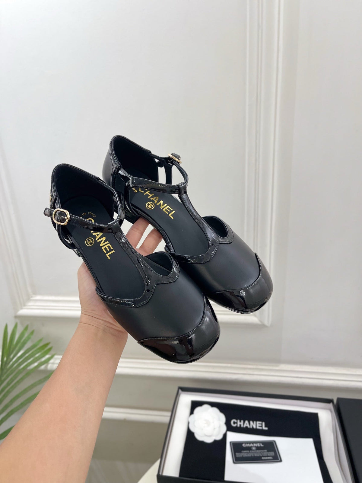 Chanel 26s T Strap Mary Janes In Black Patent And Lambskin