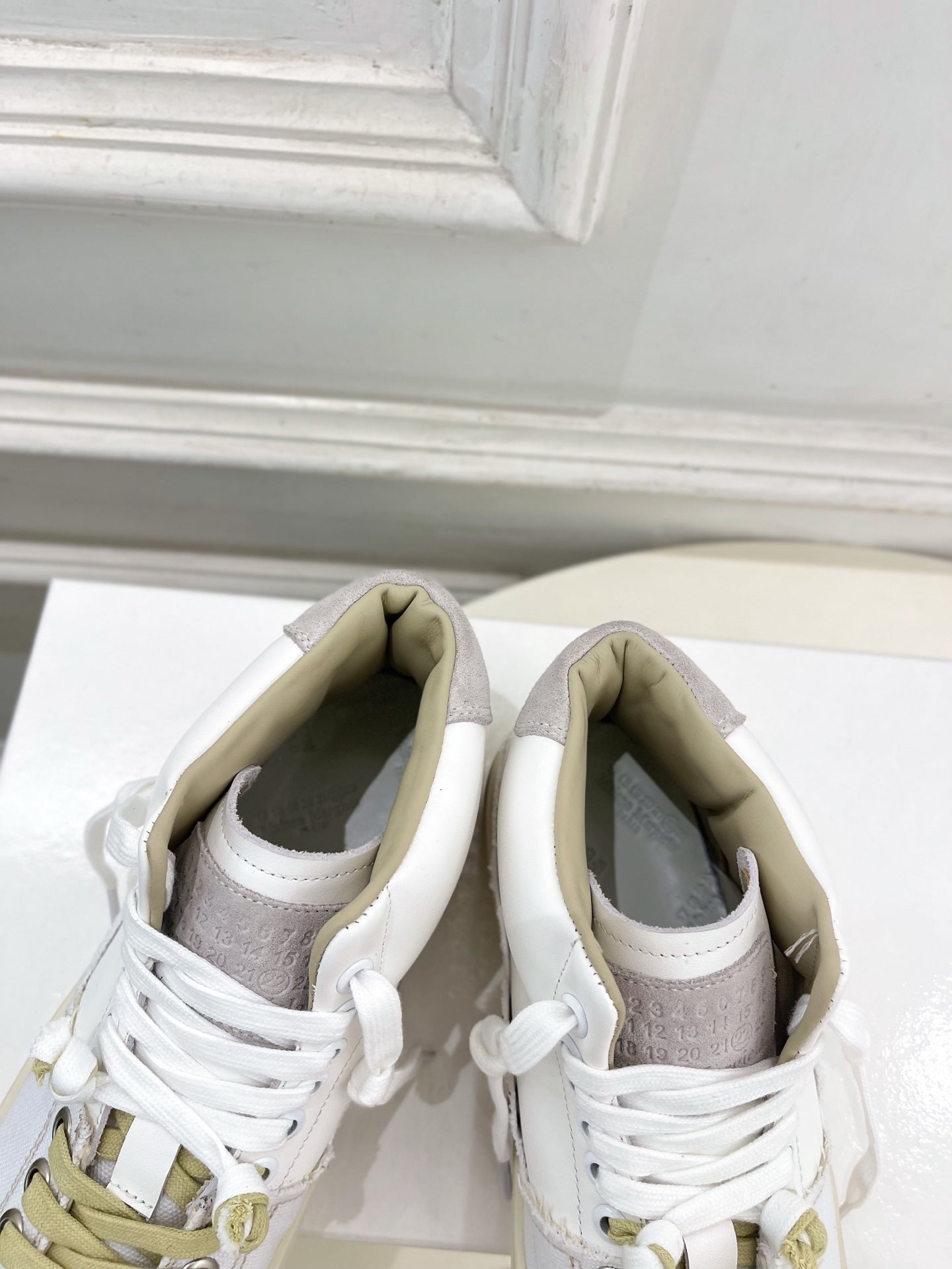 MM6 26s New Evolution Mid-Top Sneakers Cream Canvas Calfskin 947483