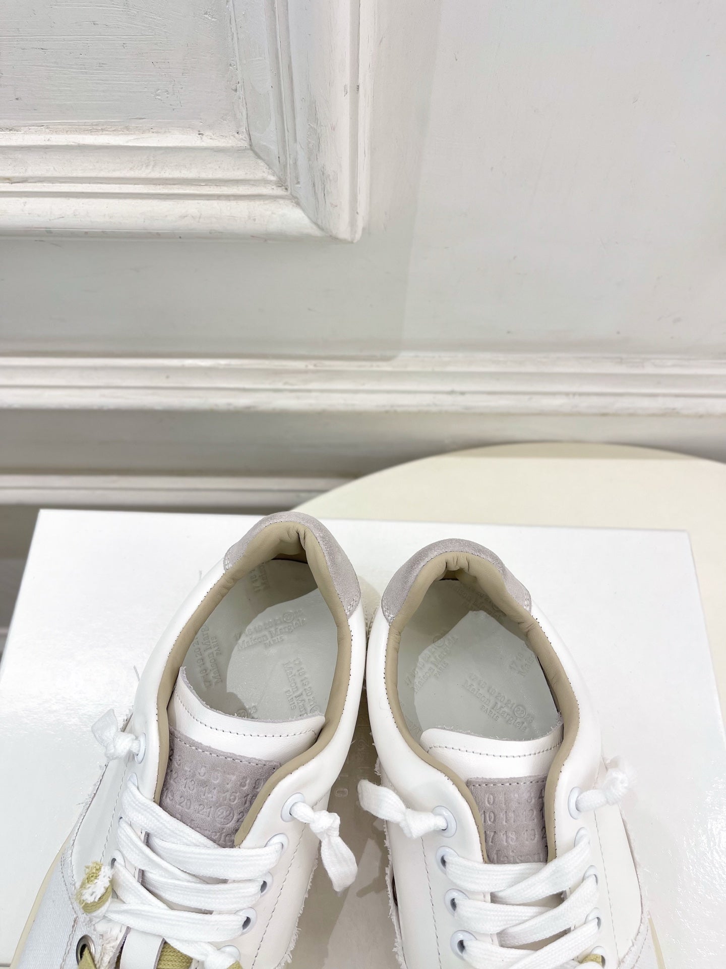 MM6 26s New Evolution Sneakers Grey Cream Canvas Calfskin 947484