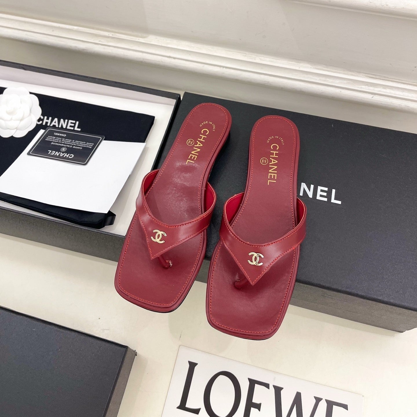 CC 26s Square Toe Thong Sandals Burgundy Leather 946867