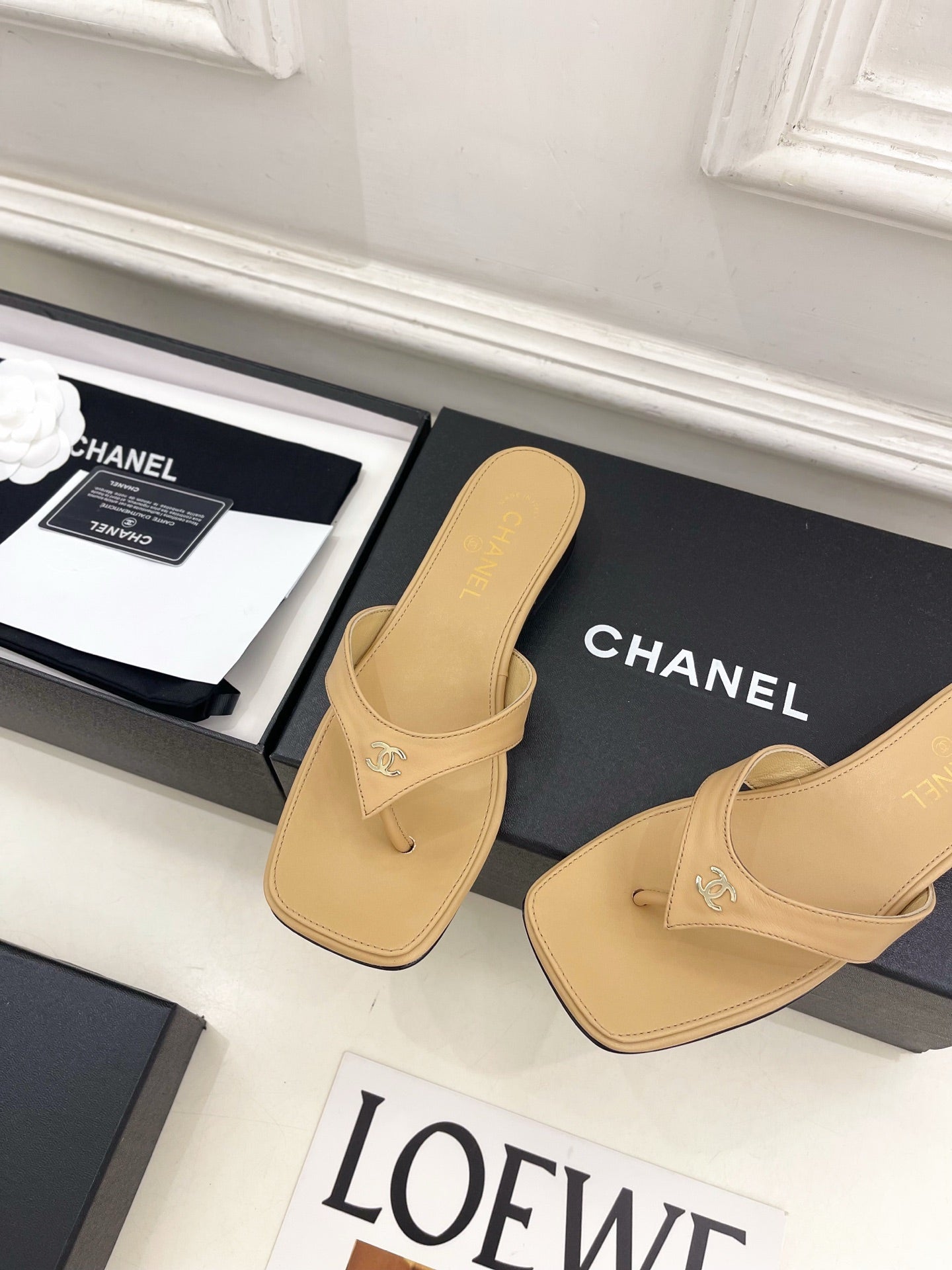 CC 26s Square Toe Thong Sandals Beige Leather 946868