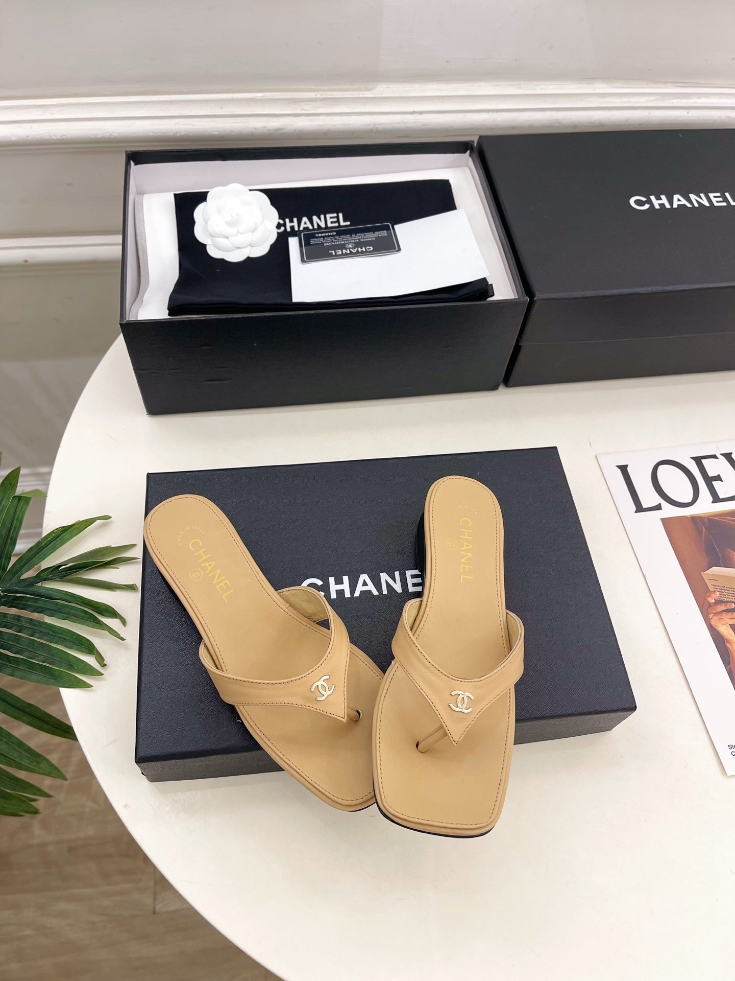 CC 26s Square Toe Thong Sandals Beige Leather 946868