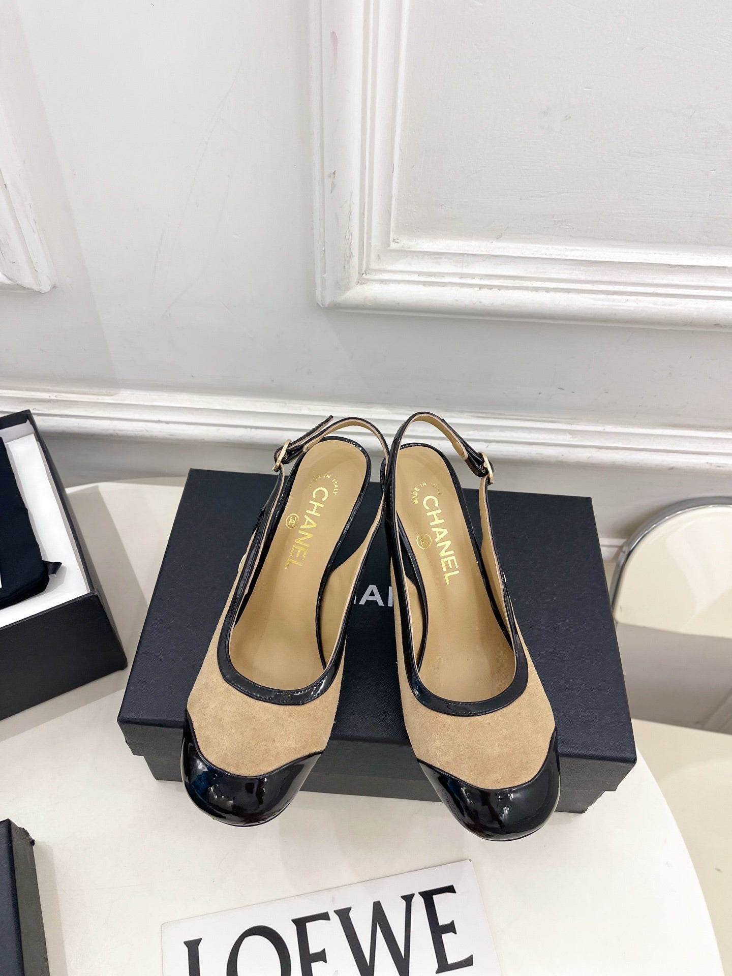 CC 26s Slingbacks Conic Heel 9cm Black Beige Suede Leather 946880