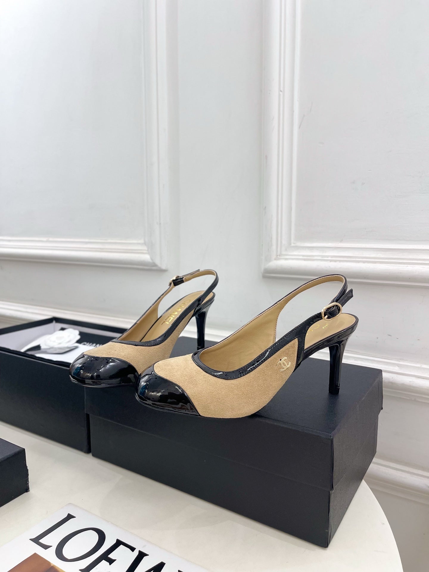 CC 26s Slingbacks Conic Heel 9cm Black Beige Suede Leather 946880