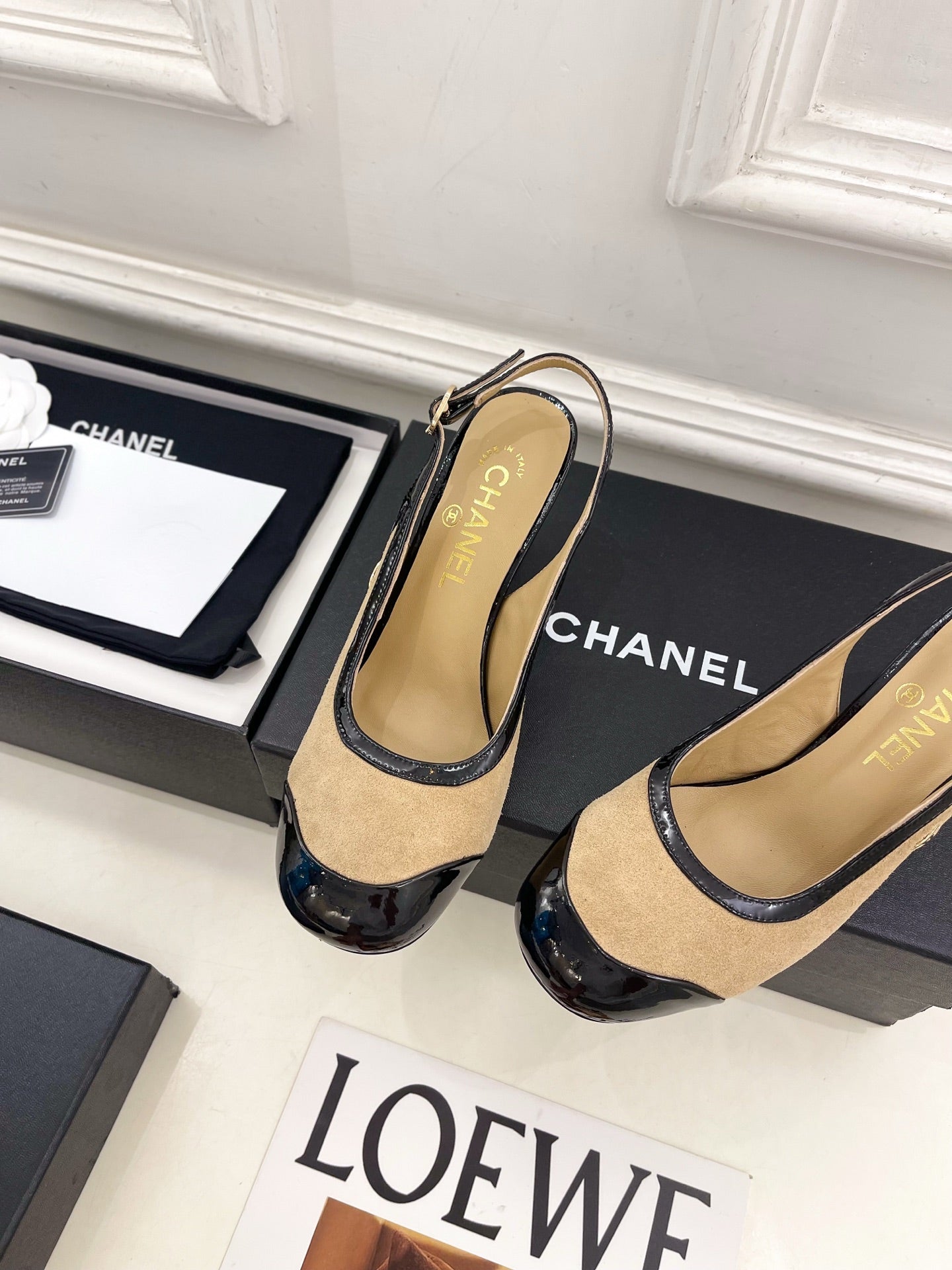 CC 26s Slingbacks Conic Heel 9cm Black Beige Suede Leather 946880