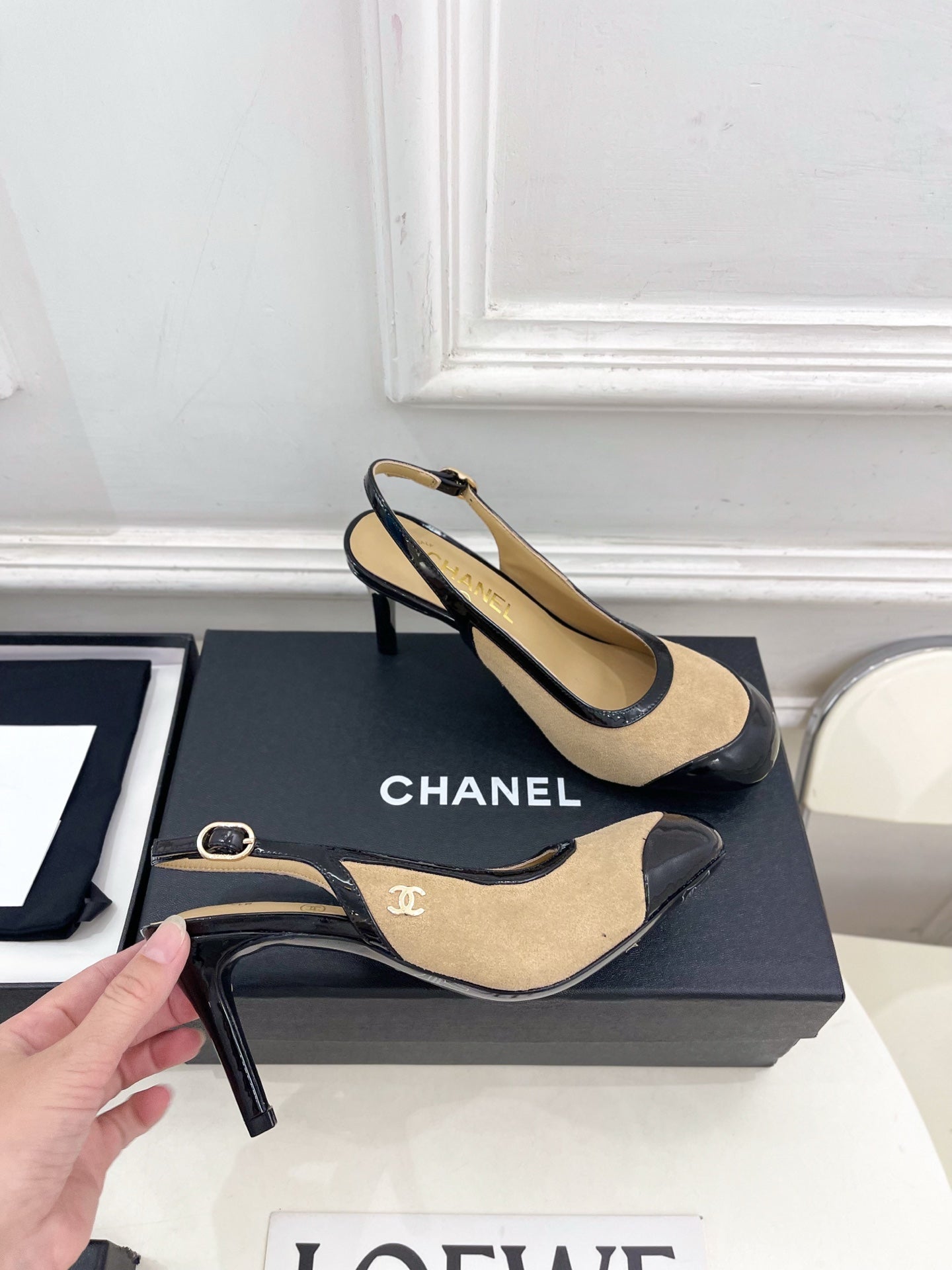 CC 26s Slingbacks Conic Heel 9cm Black Beige Suede Leather 946880