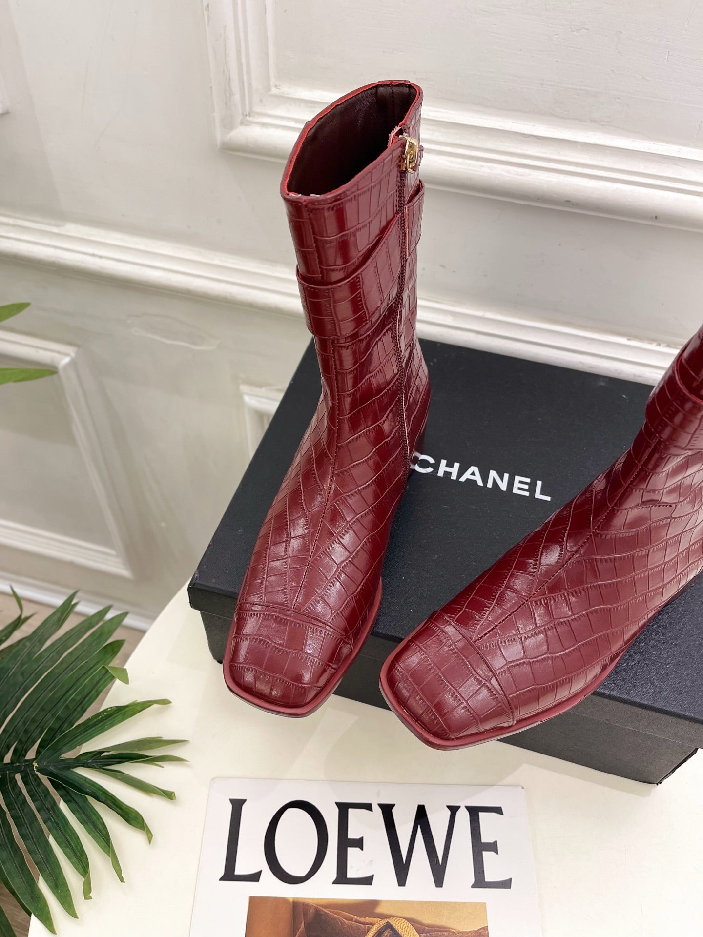 CC 26s Turn-Lock Ankle Boots Burugndy Embossed Croc Leather 946904