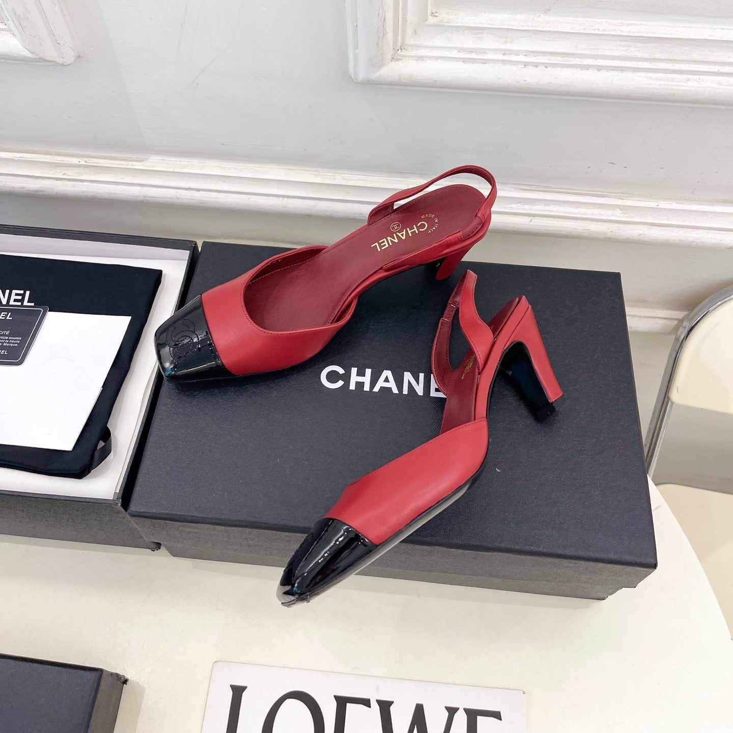 CC 26s Square Toe Slingback 6.5cm Black Red Leather 946909
